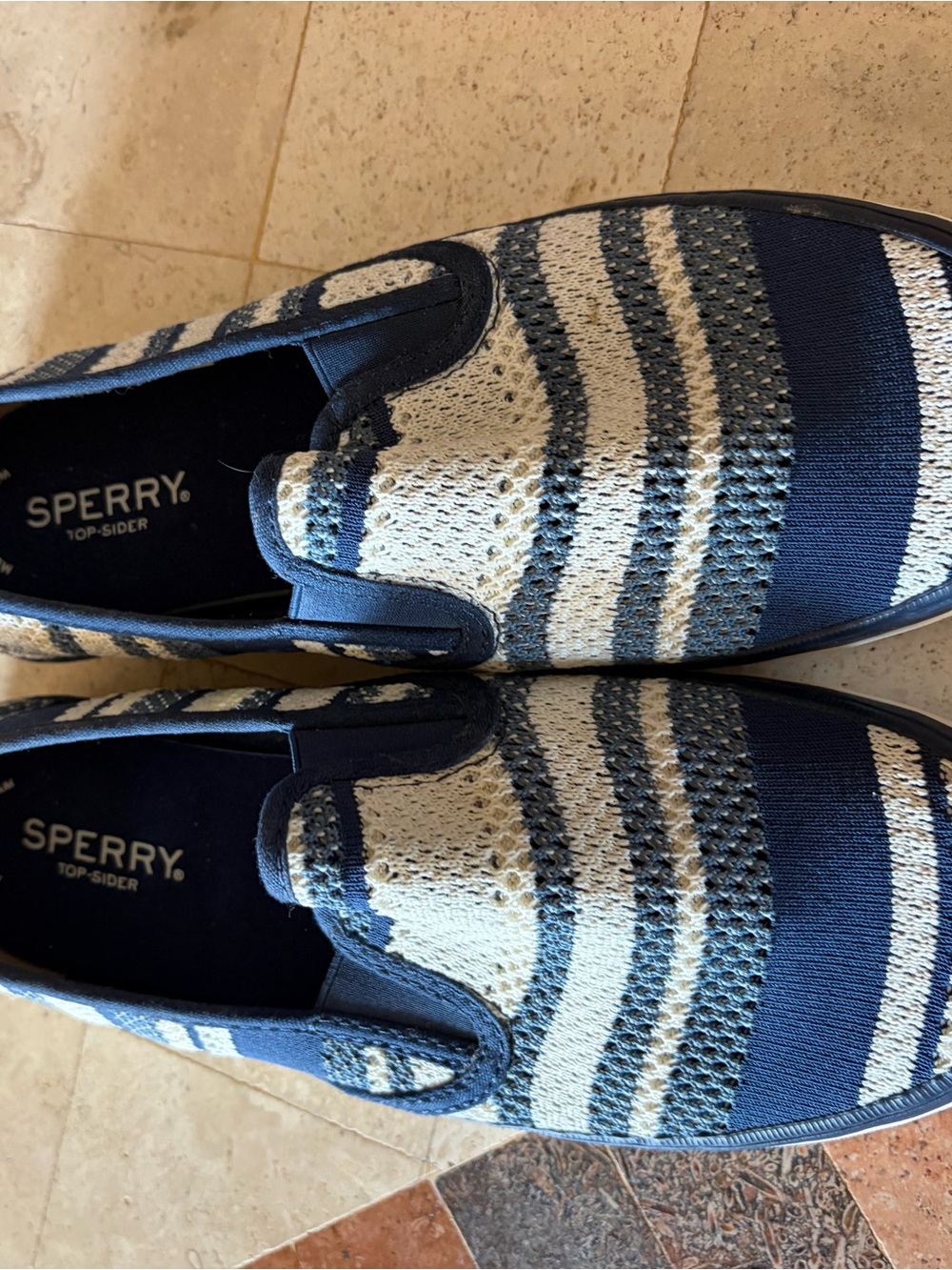 Sperry Navy and Cream Striped Slip-On Loafers